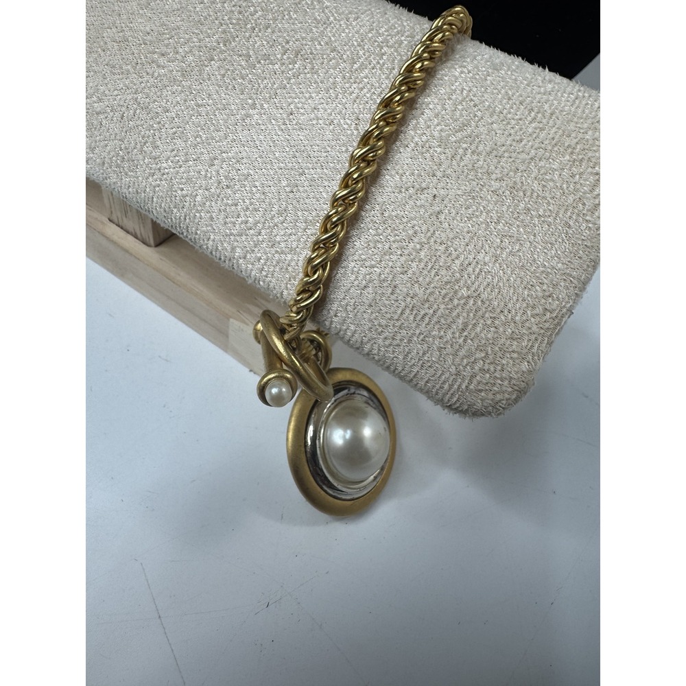 Anne Klein Vintage Matte Gold Tone Rope Chain Faux Pearl Pendant Toggle Necklace